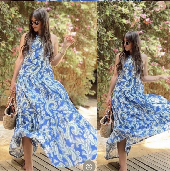 Zara Tiered Floral Print Blue White Cotton Dress Bloggers Favorite - Picture 7 of 16